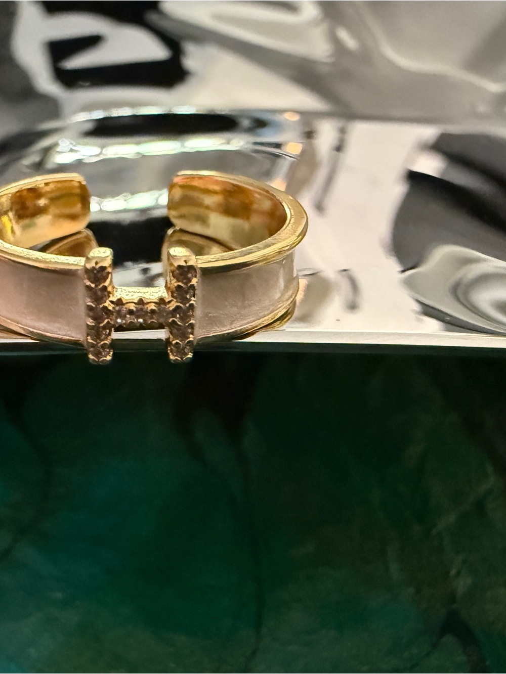 “H” Pave Set in Gold-tone and White Enamel Accent- Open Adjustable Ring - Picture 7 of 8